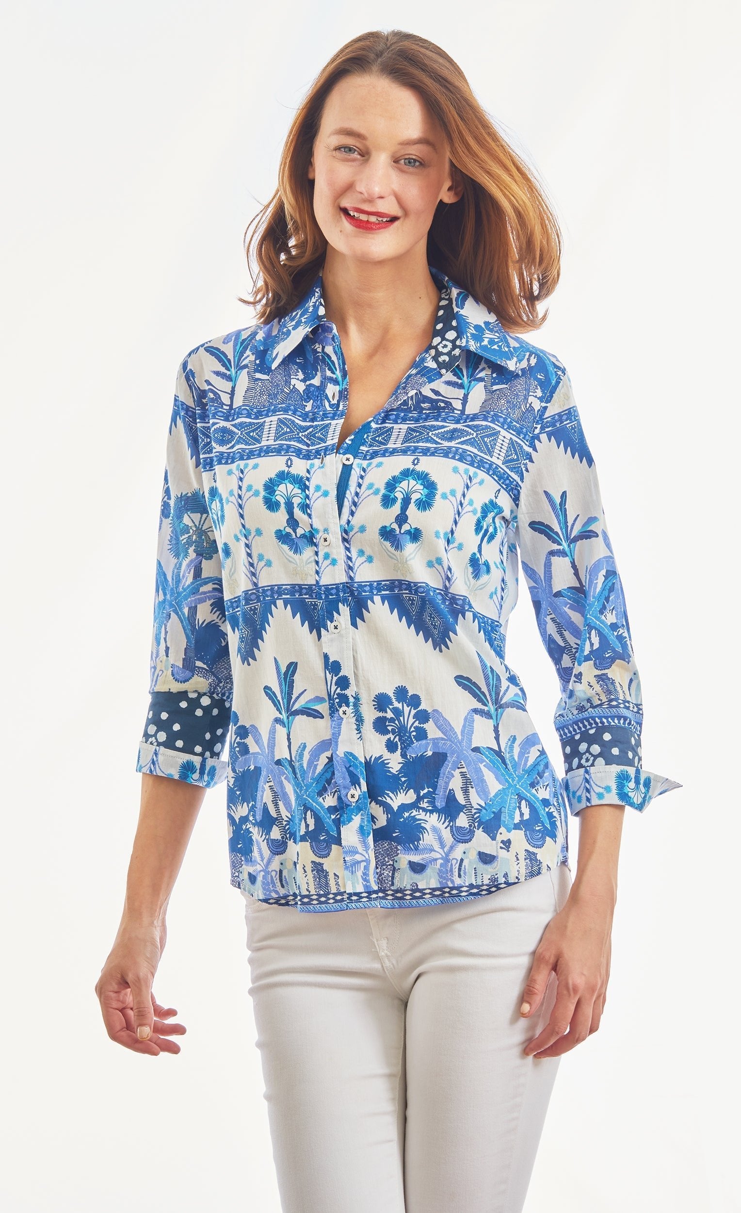 Dizzy Lizzie | 3/4 Sleeve Ikat With Elephant Print Blues And White | Cloister Collection | TOPS