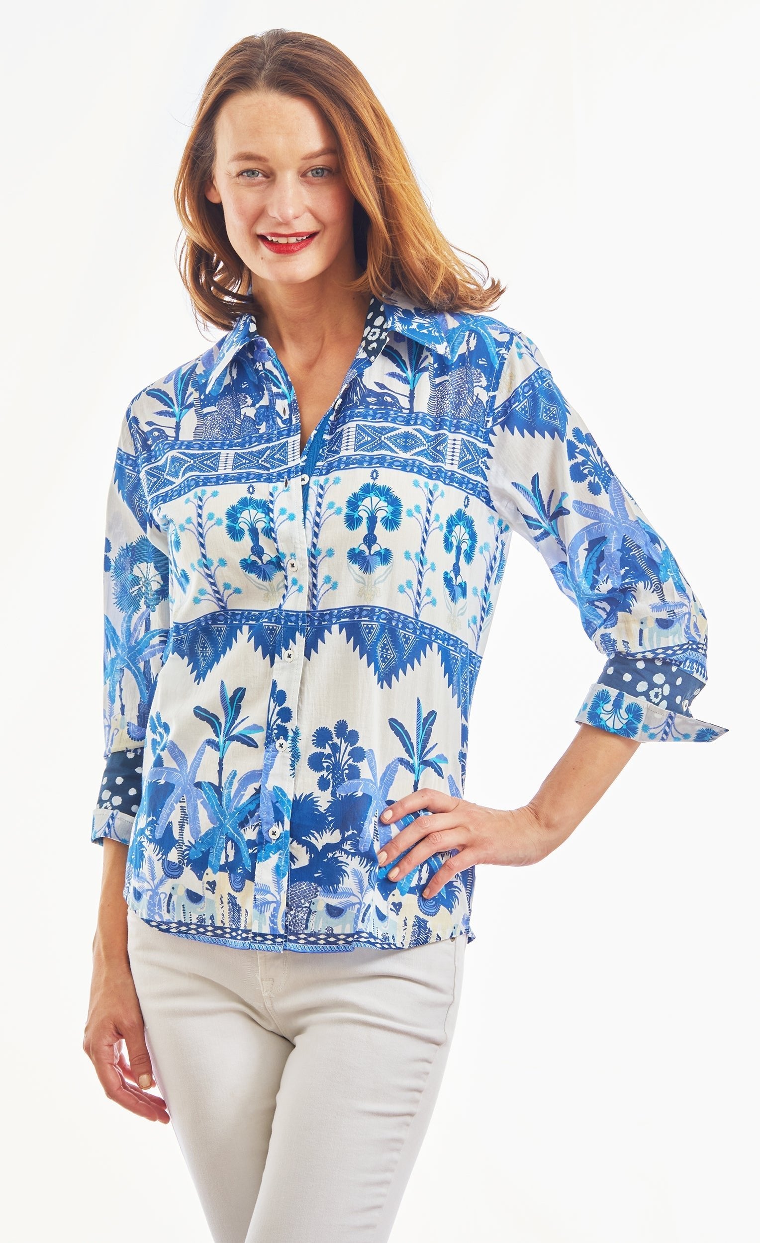 Dizzy Lizzie | 3/4 Sleeve Ikat With Elephant Print Blues And White | Cloister Collection | TOPS