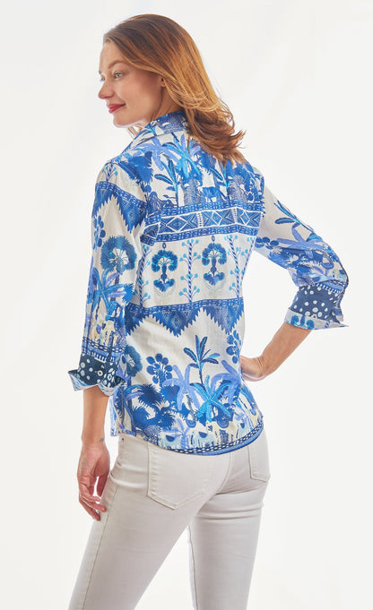 Dizzy Lizzie | 3/4 Sleeve Ikat With Elephant Print Blues And White | Cloister Collection | TOPS