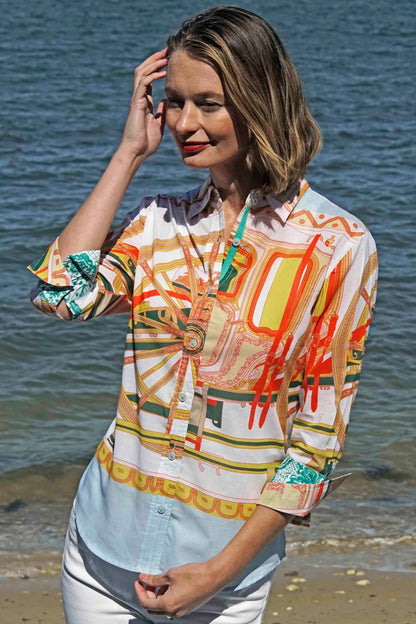 Dizzy - Lizzie | 3/4 Sleeve Orange And Soft Aqua Blue Print | Cloister Collection | SHIRT