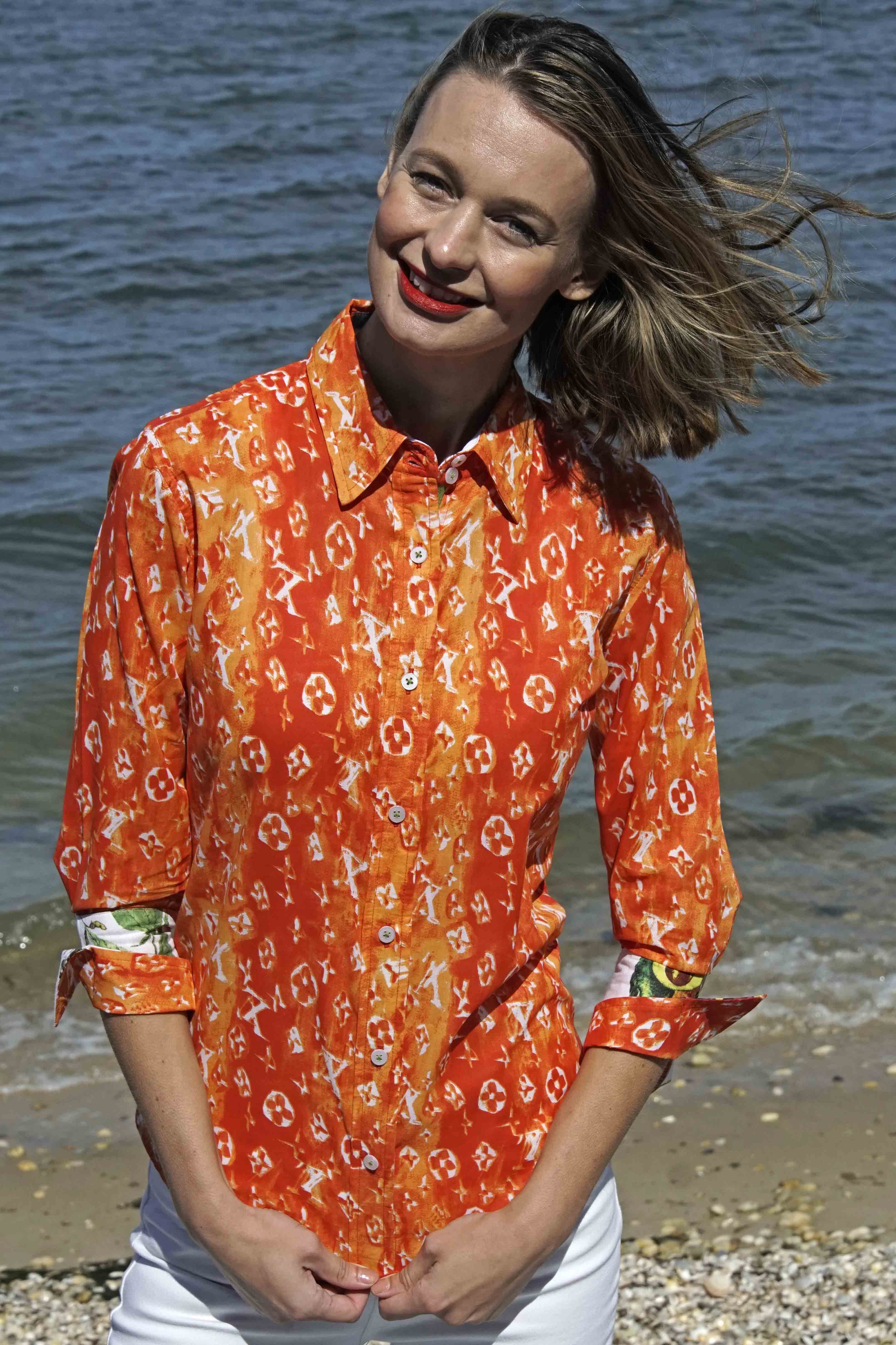 Dizzy Lizzie | 3/4 Sleeve Orange And White &quot;Not Really Louis&quot; Print | Cloister Collection | SHIRT