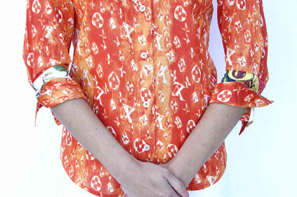 Dizzy Lizzie | 3/4 Sleeve Orange And White &quot;Not Really Louis&quot; Print | Cloister Collection | SHIRT