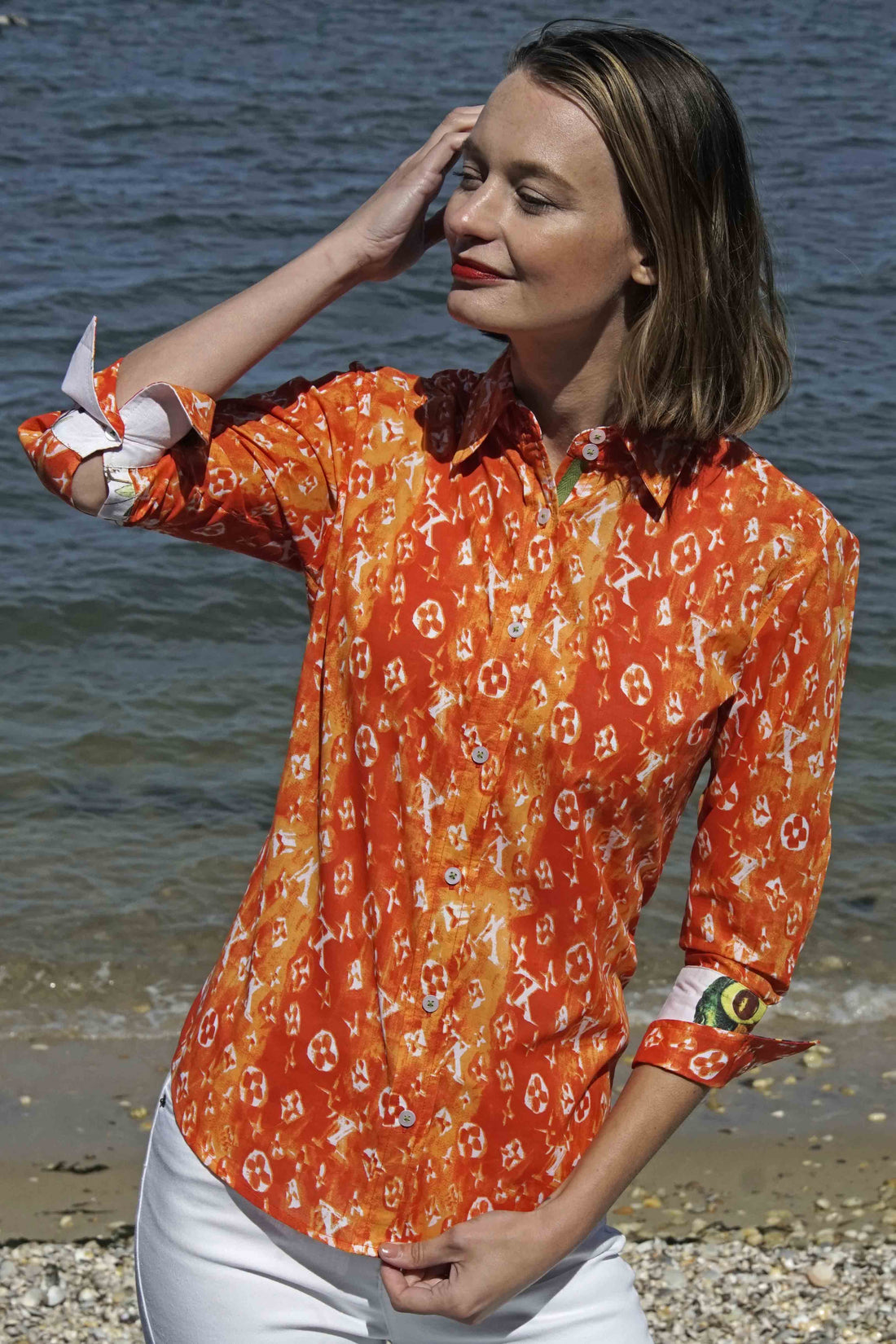 Dizzy Lizzie | 3/4 Sleeve Orange And White "Not Really Louis" Print | Cloister Collection | SHIRT