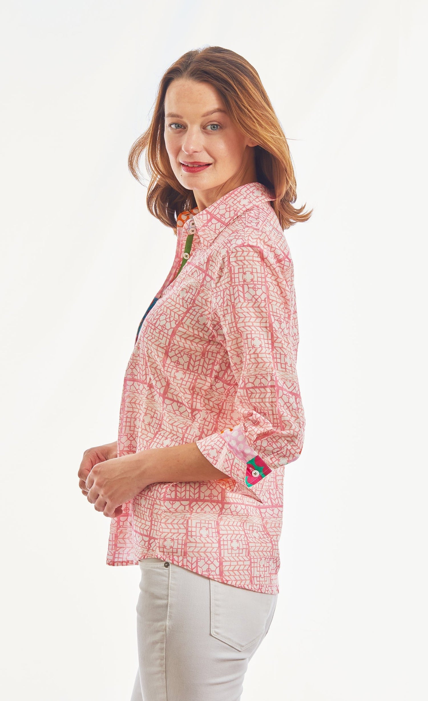 Dizzy Lizzie | 3/4 Sleeve Pink Tiny Geometric Print Voile | Cloister Collection | TOPS