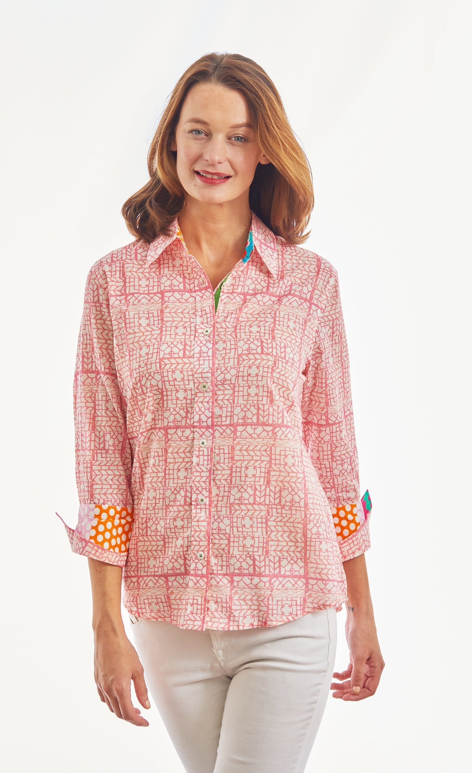 Dizzy Lizzie | 3/4 Sleeve Pink Tiny Geometric Print Voile | Cloister Collection | TOPS