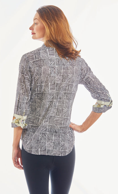 Dizzy Lizzie | 3/4 Sleeve Rome Black White Criss Cross Boxes | Cloister Collection | TOPS