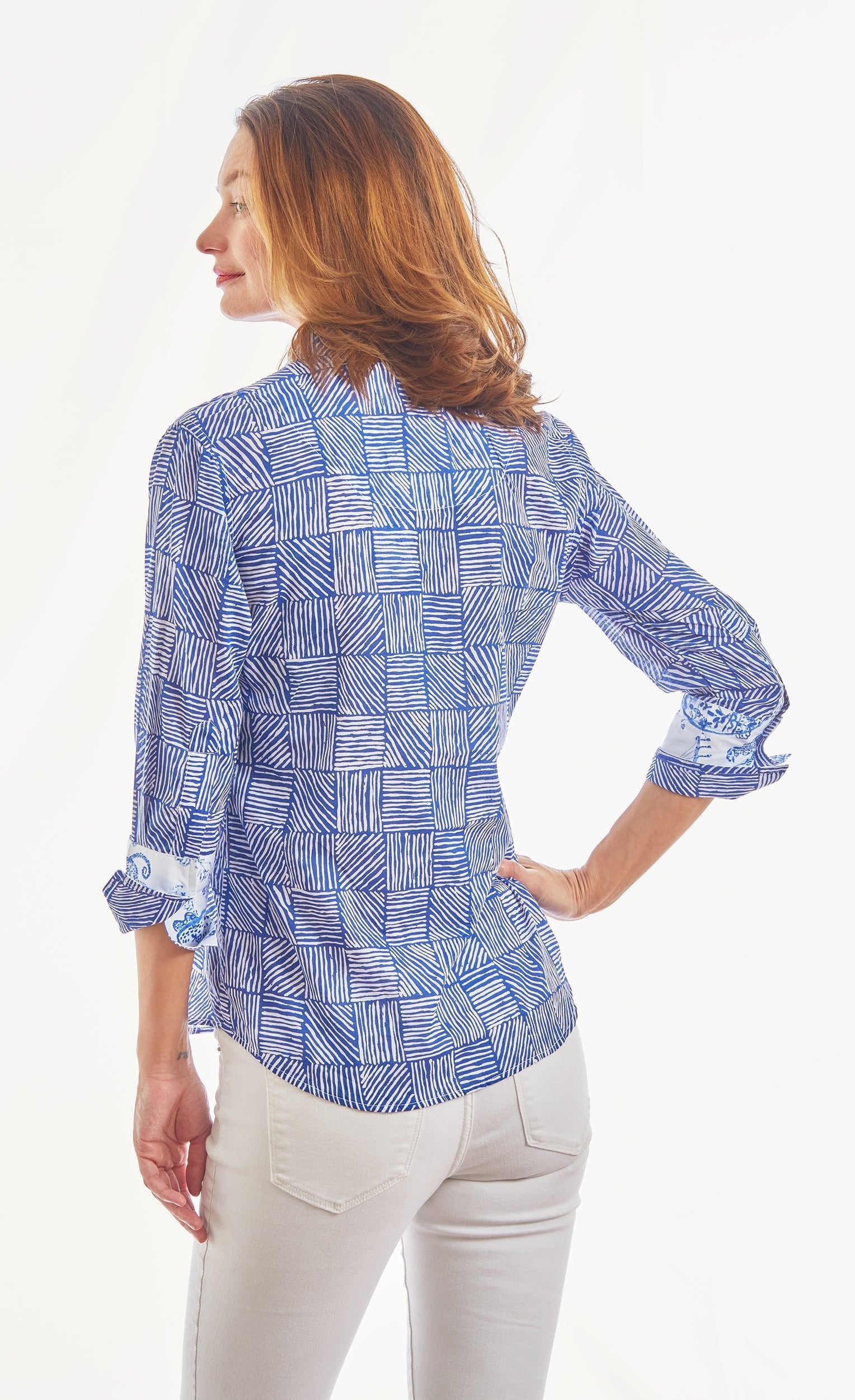 Dizzy Lizzie | 3/4 Sleeve Rome Navy White Criss Cross Boxes | Cloister Collection | TOPS