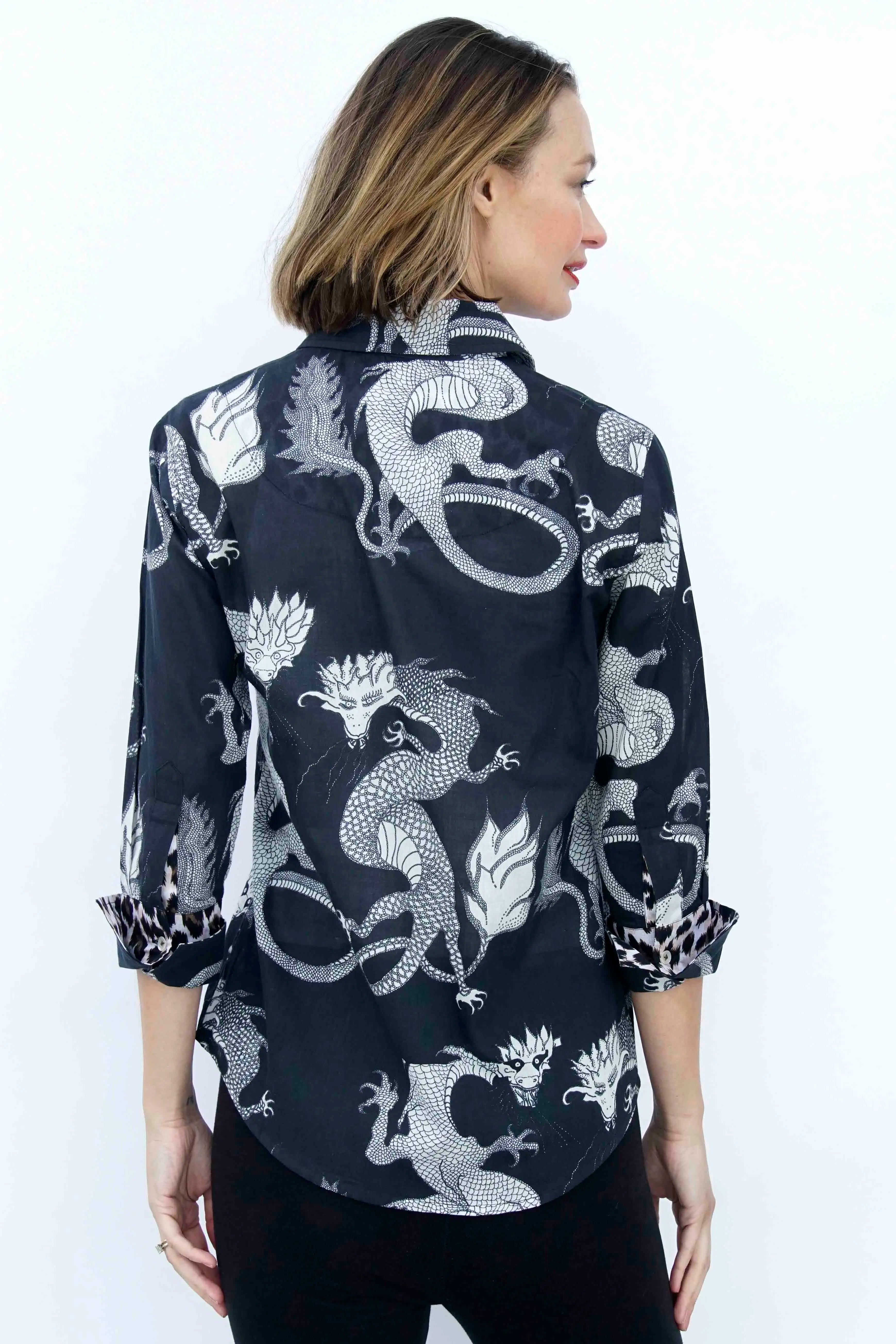 Dizzy - Lizzie | 3/4 Sleeve Rome Shirt Black and White Dragons On Voile | Cloister Collection | SHIRT