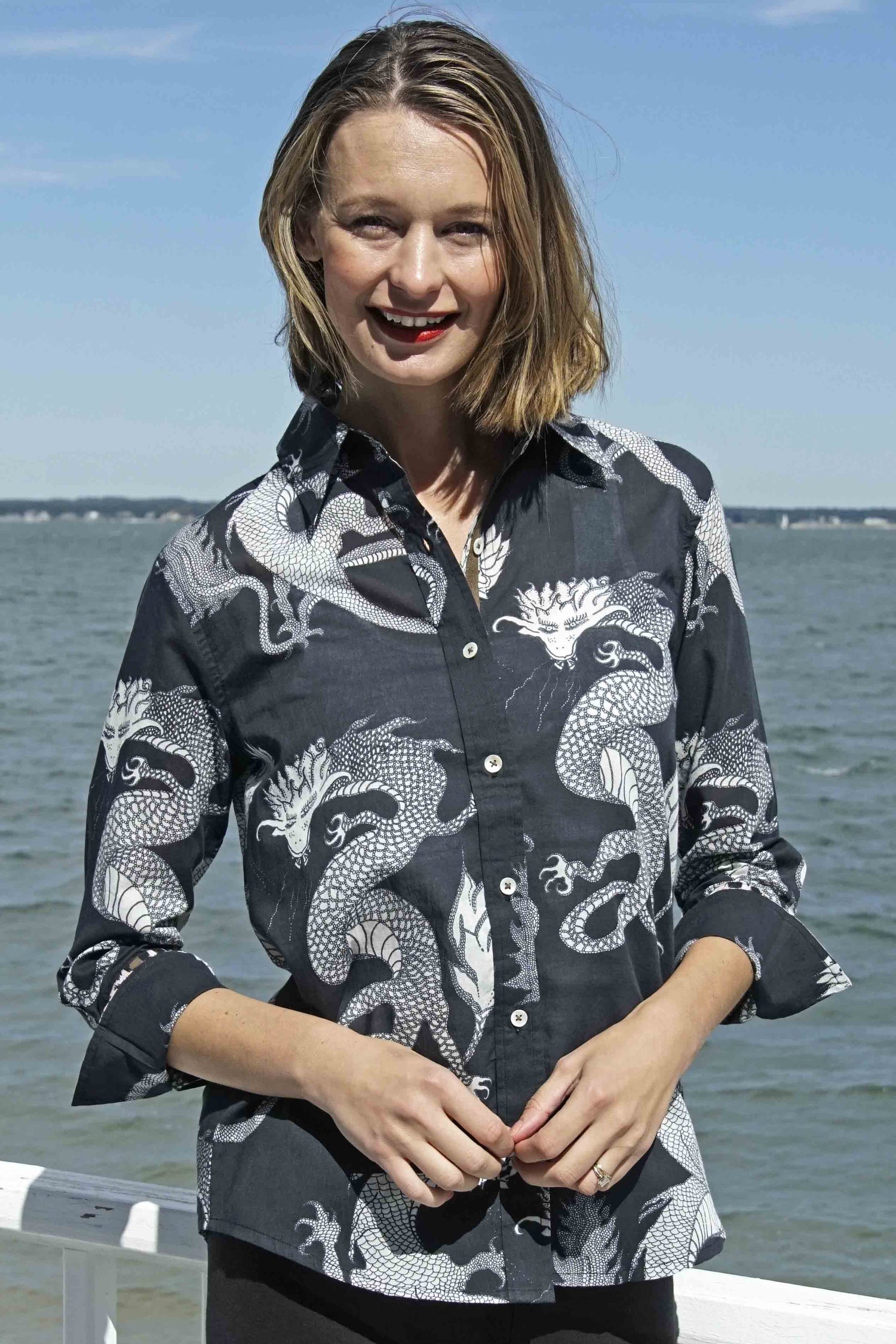 Dizzy - Lizzie | 3/4 Sleeve Rome Shirt Black and White Dragons On Voile | Cloister Collection | SHIRT