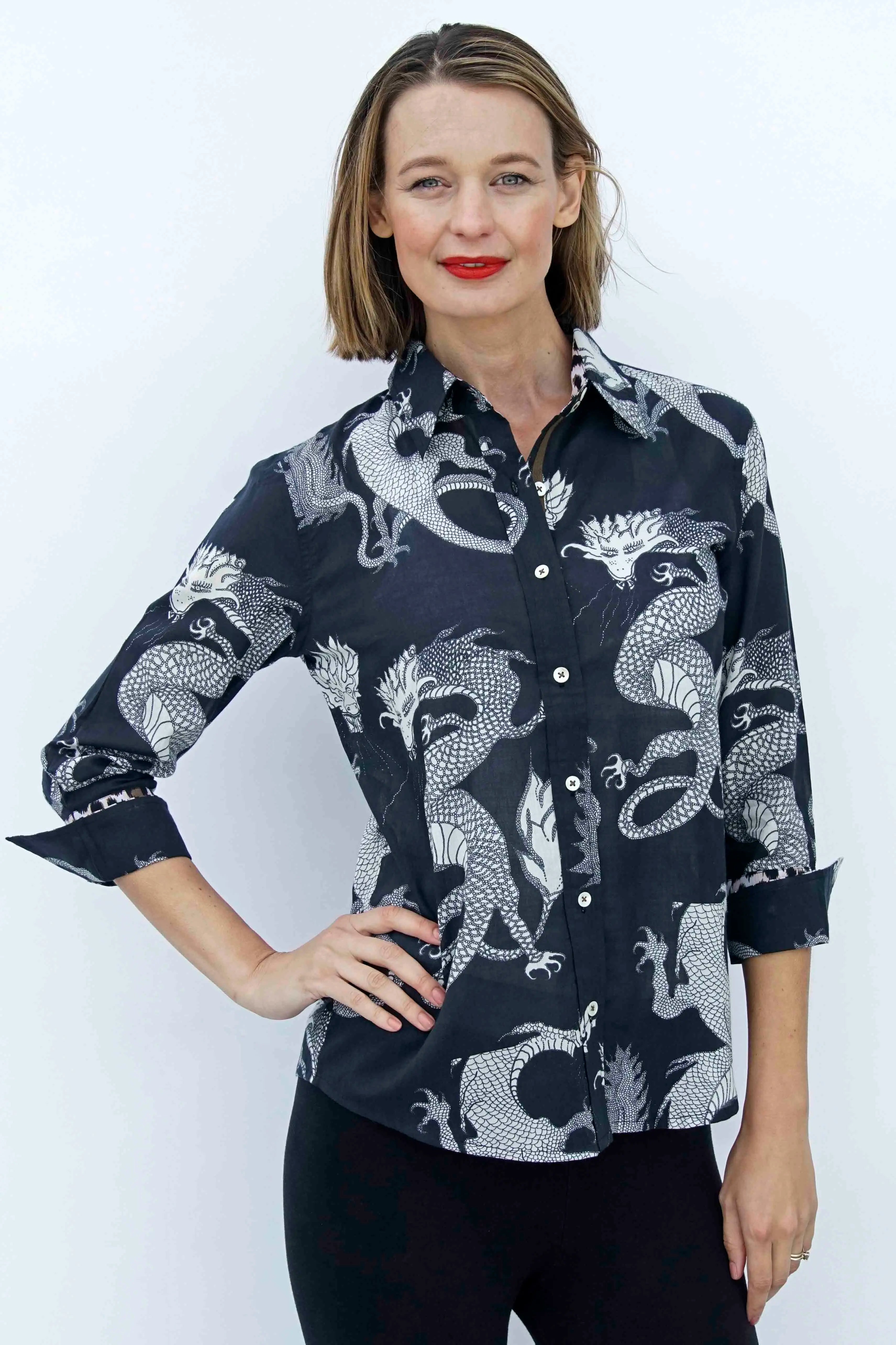 Dizzy - Lizzie | 3/4 Sleeve Rome Shirt Black and White Dragons On Voile | Cloister Collection | SHIRT