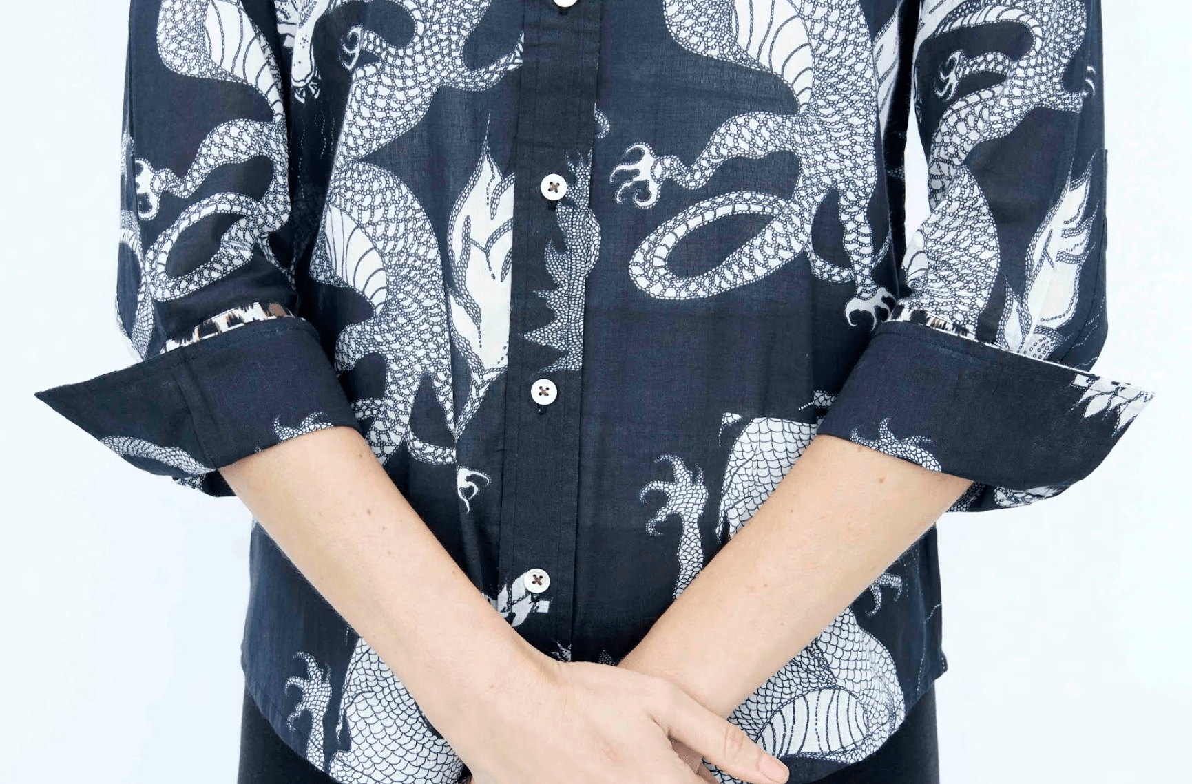 Dizzy - Lizzie | 3/4 Sleeve Rome Shirt Black and White Dragons On Voile | Cloister Collection | SHIRT