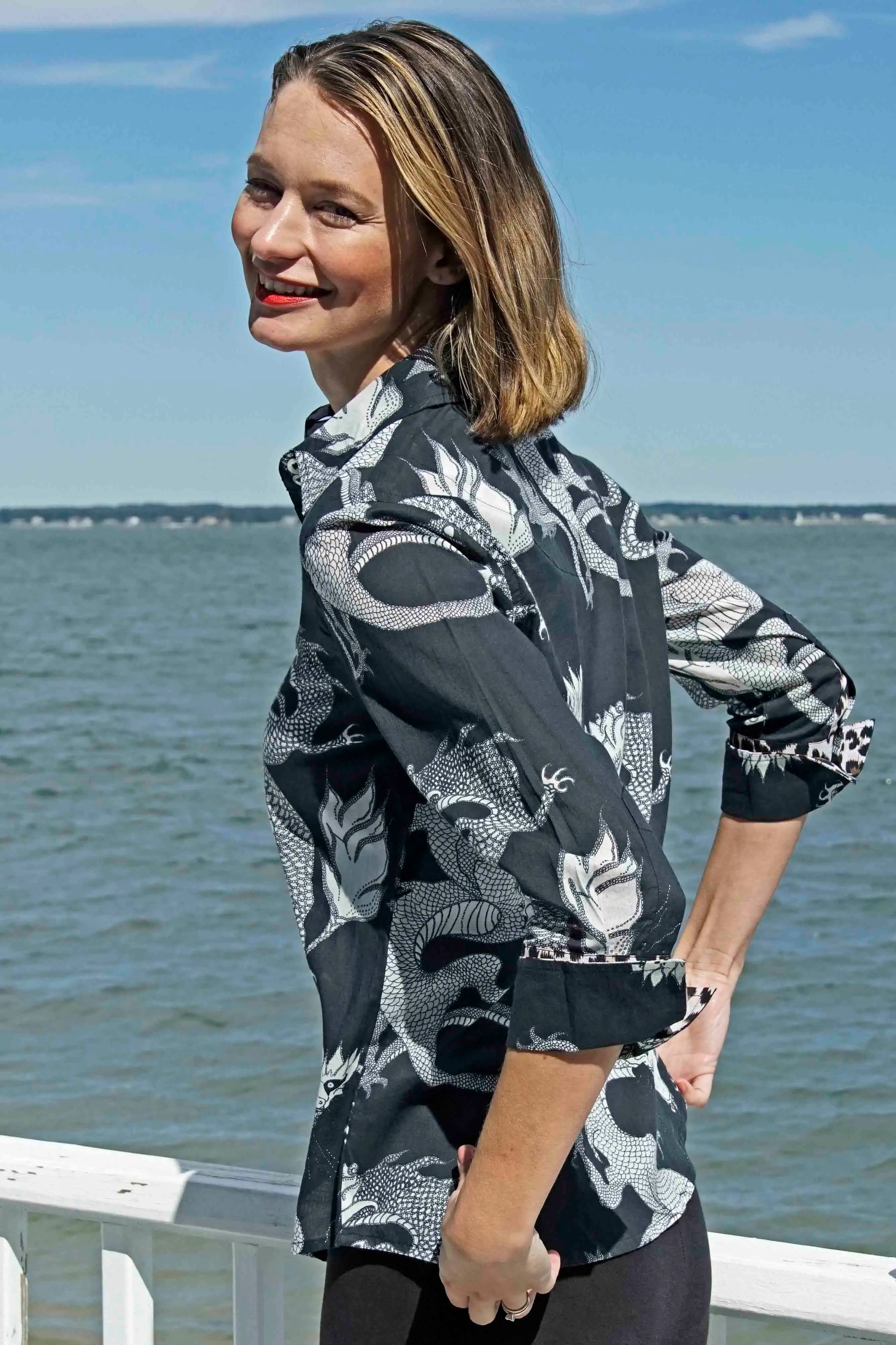 Dizzy - Lizzie | 3/4 Sleeve Rome Shirt Black and White Dragons On Voile | Cloister Collection | SHIRT