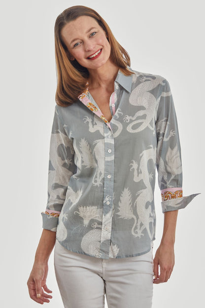 Dizzy Lizzie | 3/4 Sleeve Rome Shirt Grey Dragons Voile | Cloister Collection | SHIRT