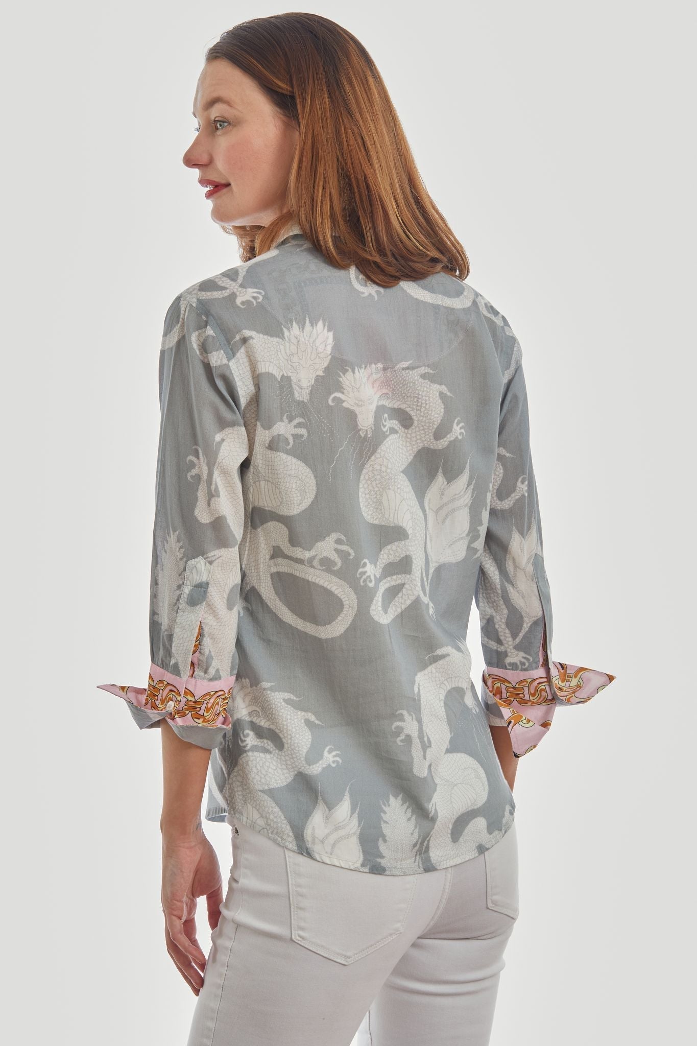 Dizzy Lizzie | 3/4 Sleeve Rome Shirt Grey Dragons Voile | Cloister Collection | SHIRT