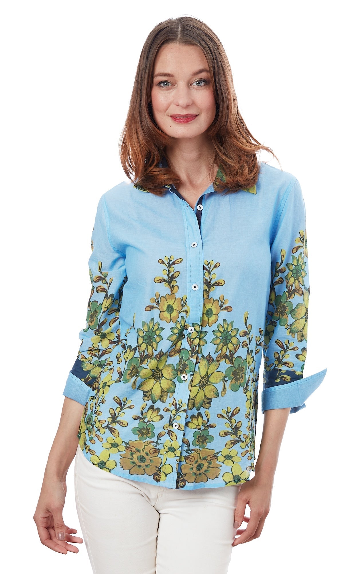 Dizzy - Lizzie | 3/4 Sleeve Rome Shirt Light Blue And Leaves | Cloister Collection | SHIRT