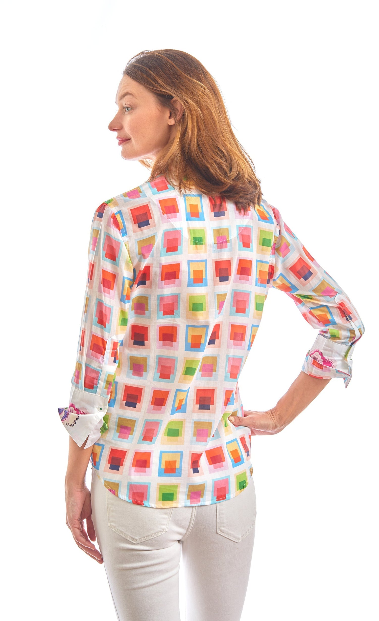 Dizzy Lizzie | 3/4 Sleeve Rome Shirt Multi Colored Boxes Voile | Cloister Collection | TOPS