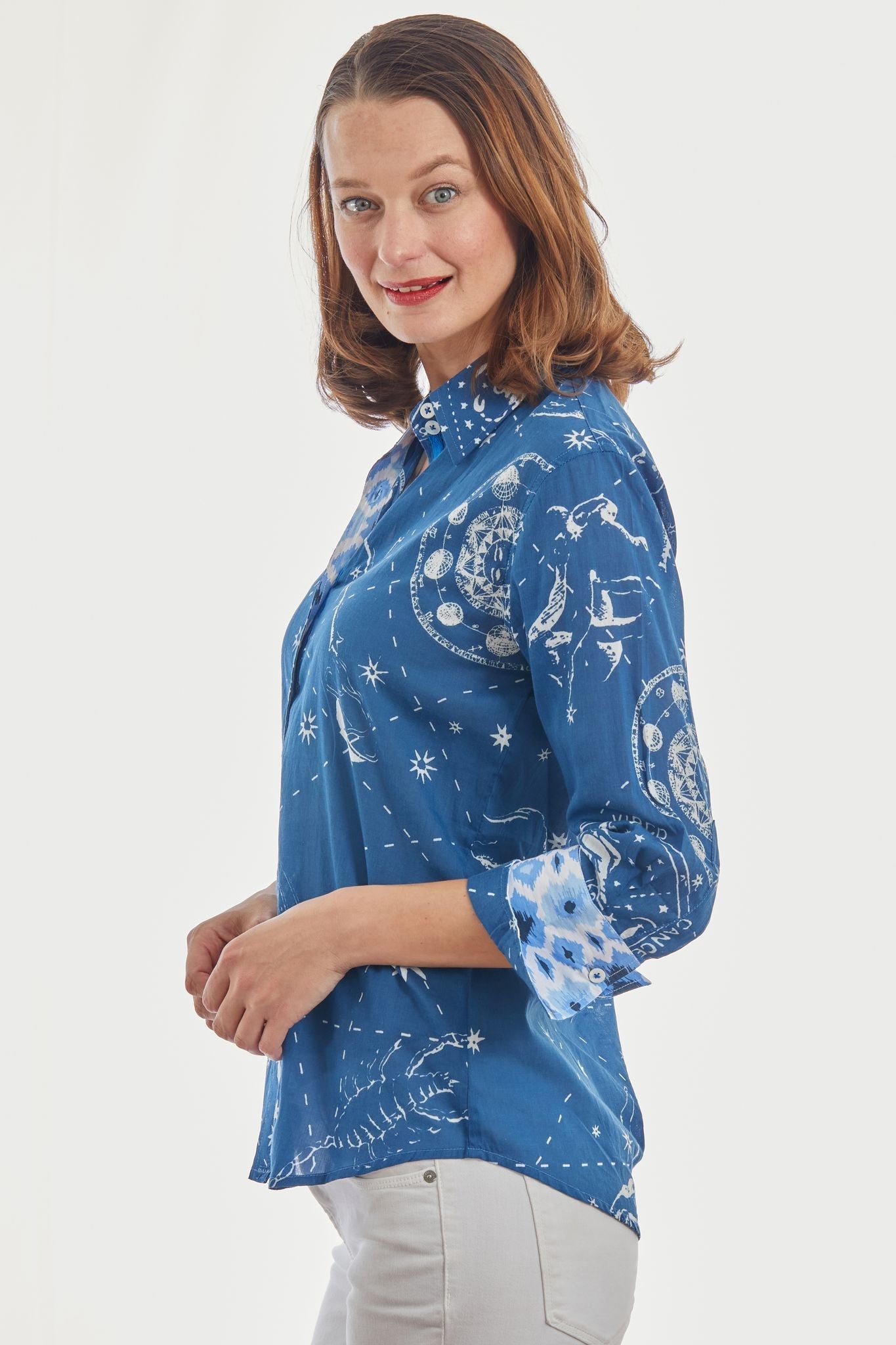 Dizzy Lizzie | 3/4 Sleeve Rome Shirt Navy Constellation Print | Cloister Collection | SHIRT