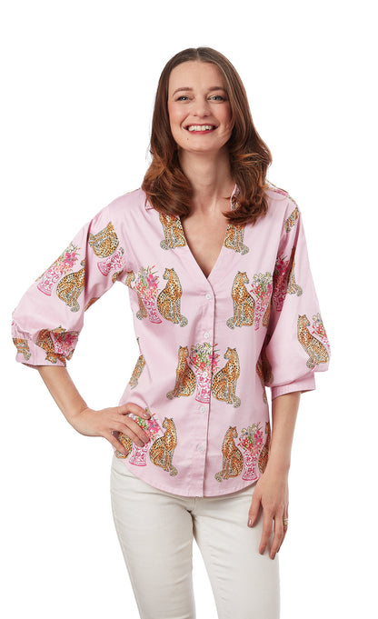 Puff Sleeve Top Pink With Cheetahs