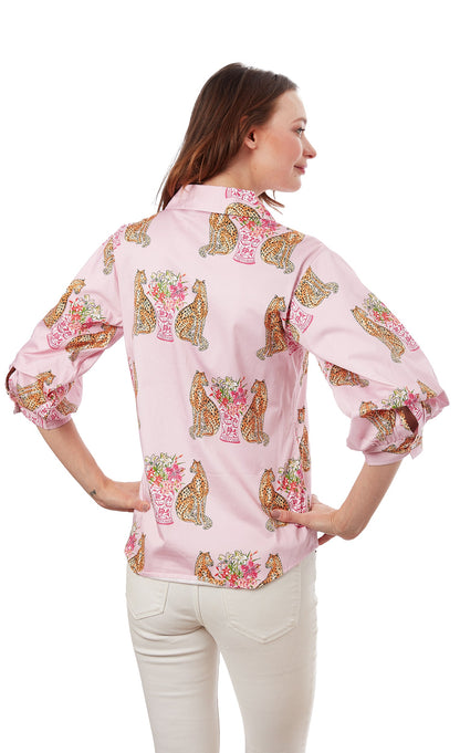 Puff Sleeve Top Pink With Cheetahs
