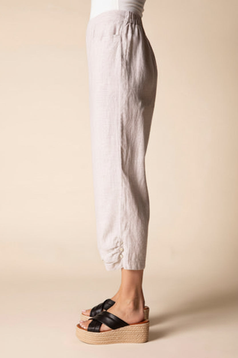 Linen Solid Pleat Button Capri - Oatmeal