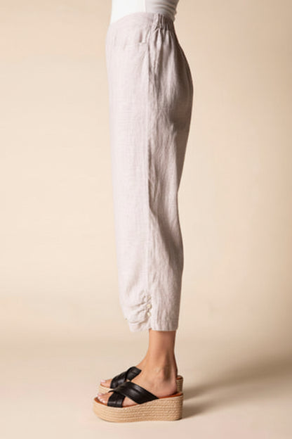 Linen Solid Pleat Button Capri - Oatmeal