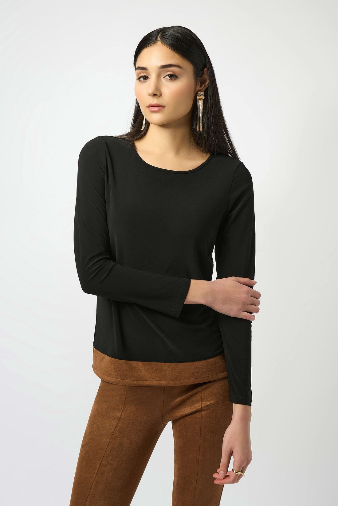 Joseph Ribkoff | Silky Knit &amp; Suede Colour-Block Straight Top - Black/Brown