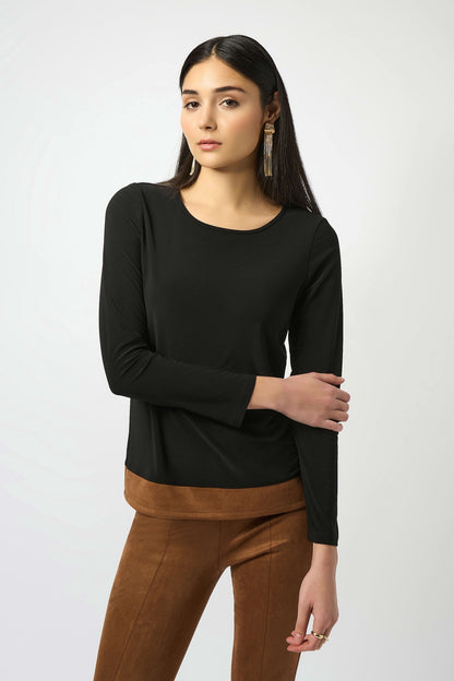 Joseph Ribkoff | Silky Knit &amp; Suede Colour-Block Straight Top - Black/Brown