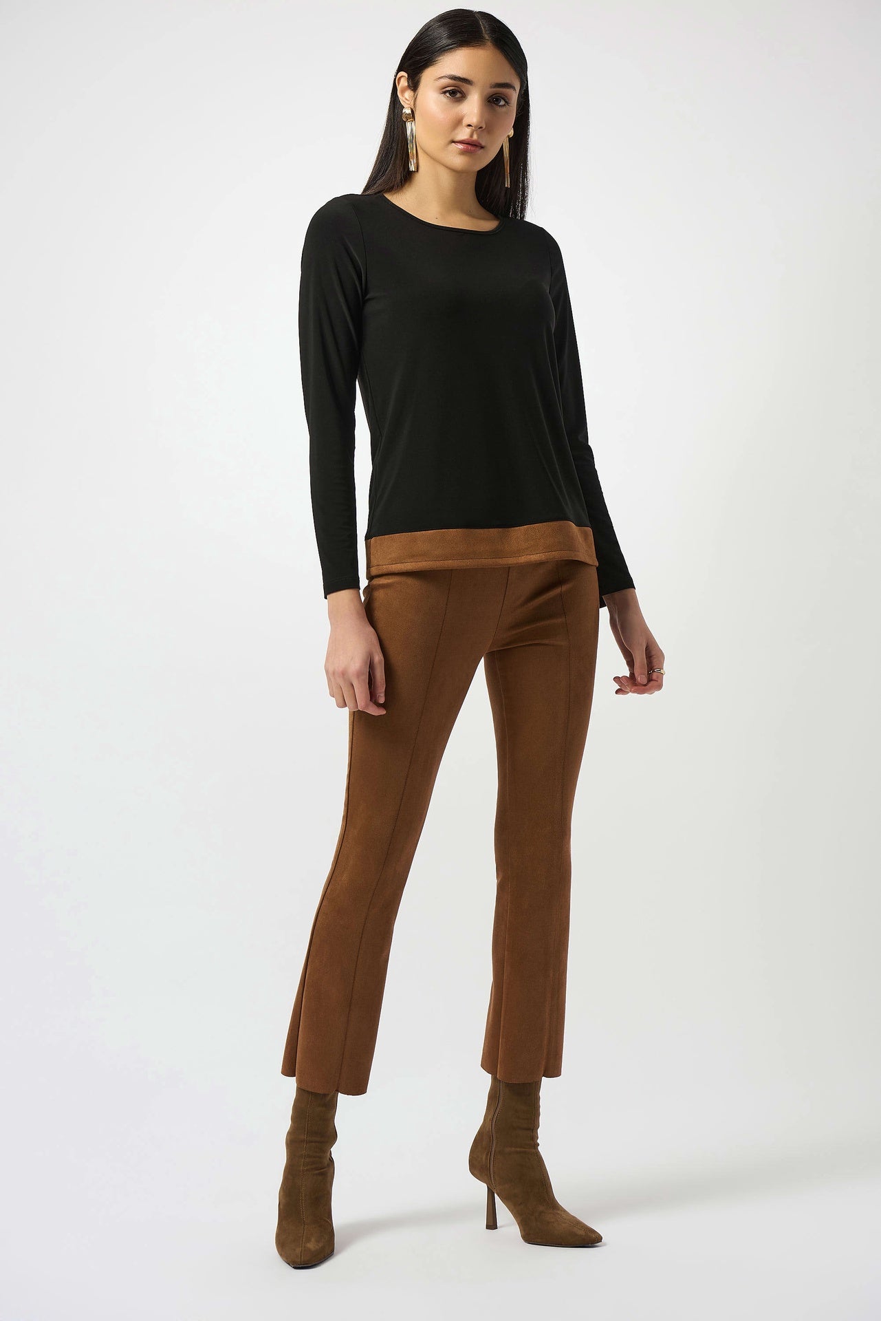 Joseph Ribkoff | Silky Knit &amp; Suede Colour-Block Straight Top - Black/Brown