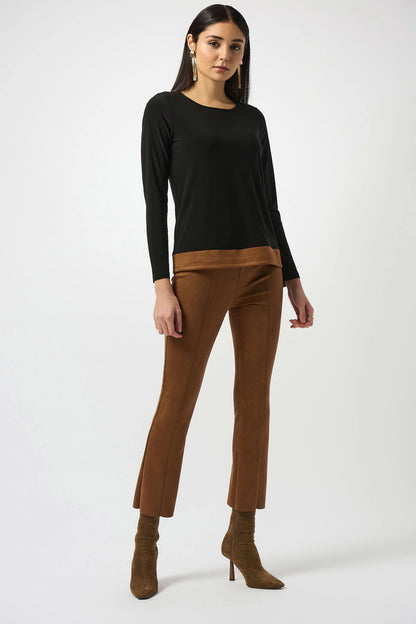Joseph Ribkoff | Silky Knit &amp; Suede Colour-Block Straight Top - Black/Brown