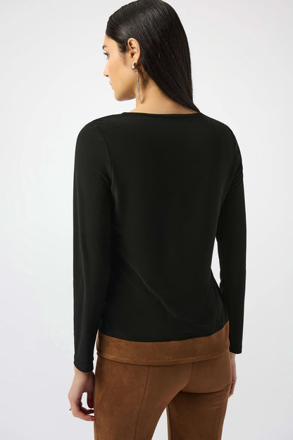 Joseph Ribkoff | Silky Knit &amp; Suede Colour-Block Straight Top - Black/Brown