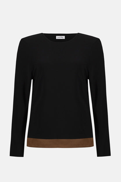 Joseph Ribkoff | Silky Knit &amp; Suede Colour-Block Straight Top - Black/Brown