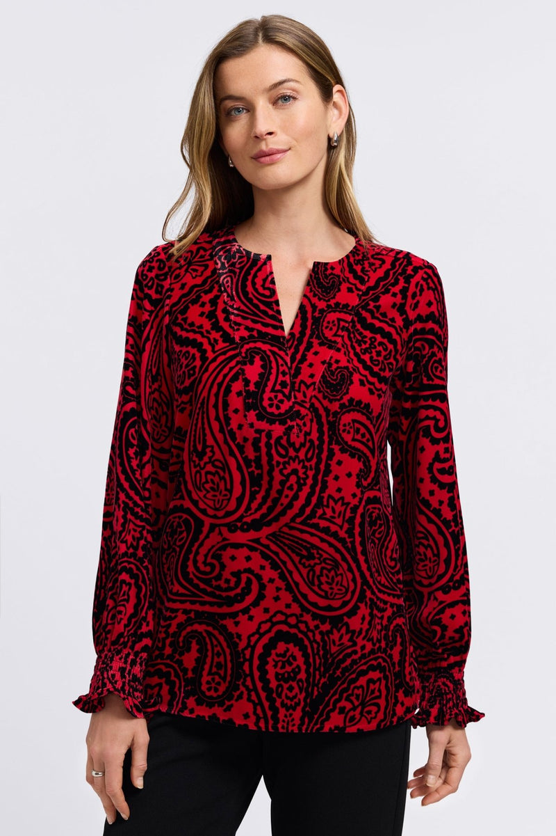 Foxcroft | Alicia Velvet Paisley Long Sleeve Popover Shirt