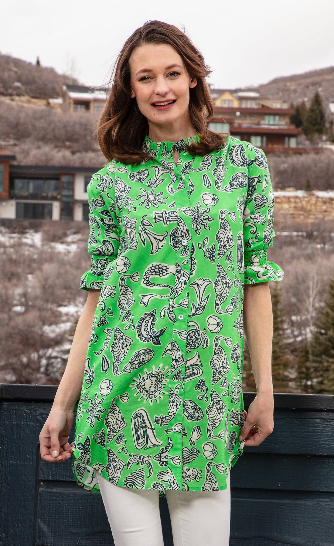 Big Shirt Tunic with Ruffle Green Whimsy Print