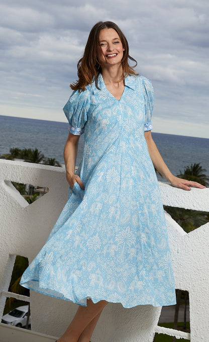 Montauk Dress Light Blue Elephants And Palm Trees