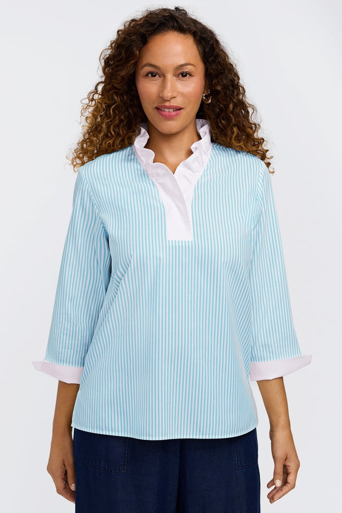 Tammy No Iron Pinpoint Striped 3/4 Sleeve Popover Shirt - Capri