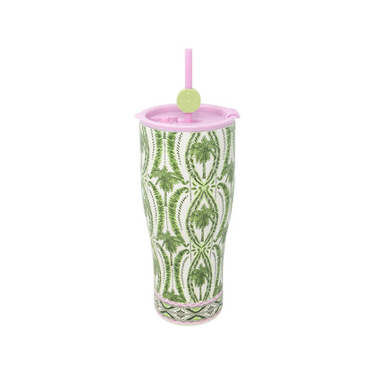Stainless Steel Tumbler with Straw, Textured Palm Stripe