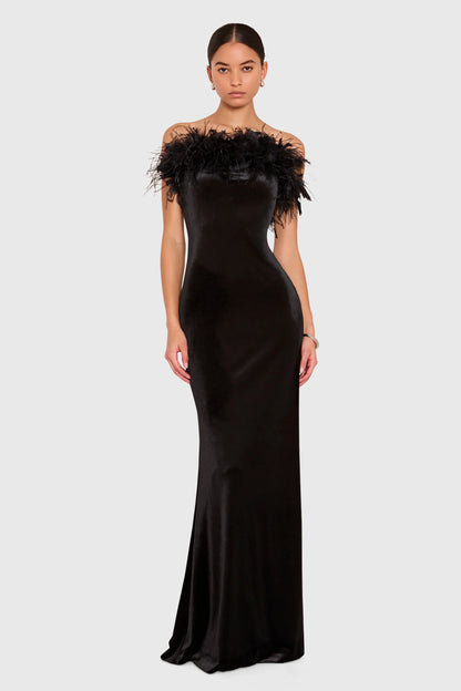 The Amanda Uprichard Ella Gown in black, a rich plush velvet. Strapless and finished with an ostrich feather trim at the neckline. Style No. VE-23164