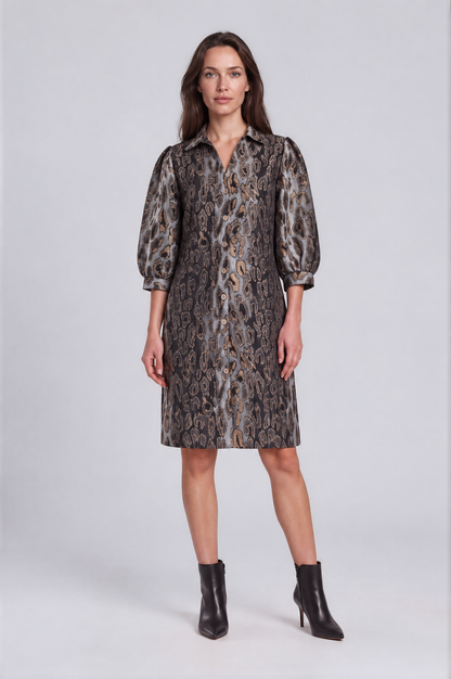 Animal Print Dress mid-length button-front shirt dress with a brown, gray, and black snakeskin pattern, featuring voluminous elbow-length puff sleeves
