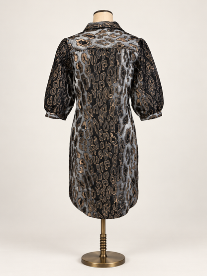 Animal Print Dress mid-length button-front shirt dress with a brown, gray, and black snakeskin pattern, featuring voluminous elbow-length puff sleeves