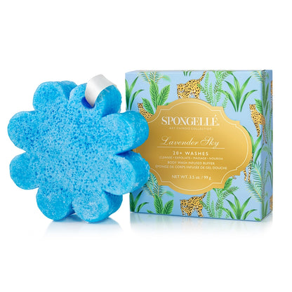 Blue flower-shaped sponge with packaging on a white background