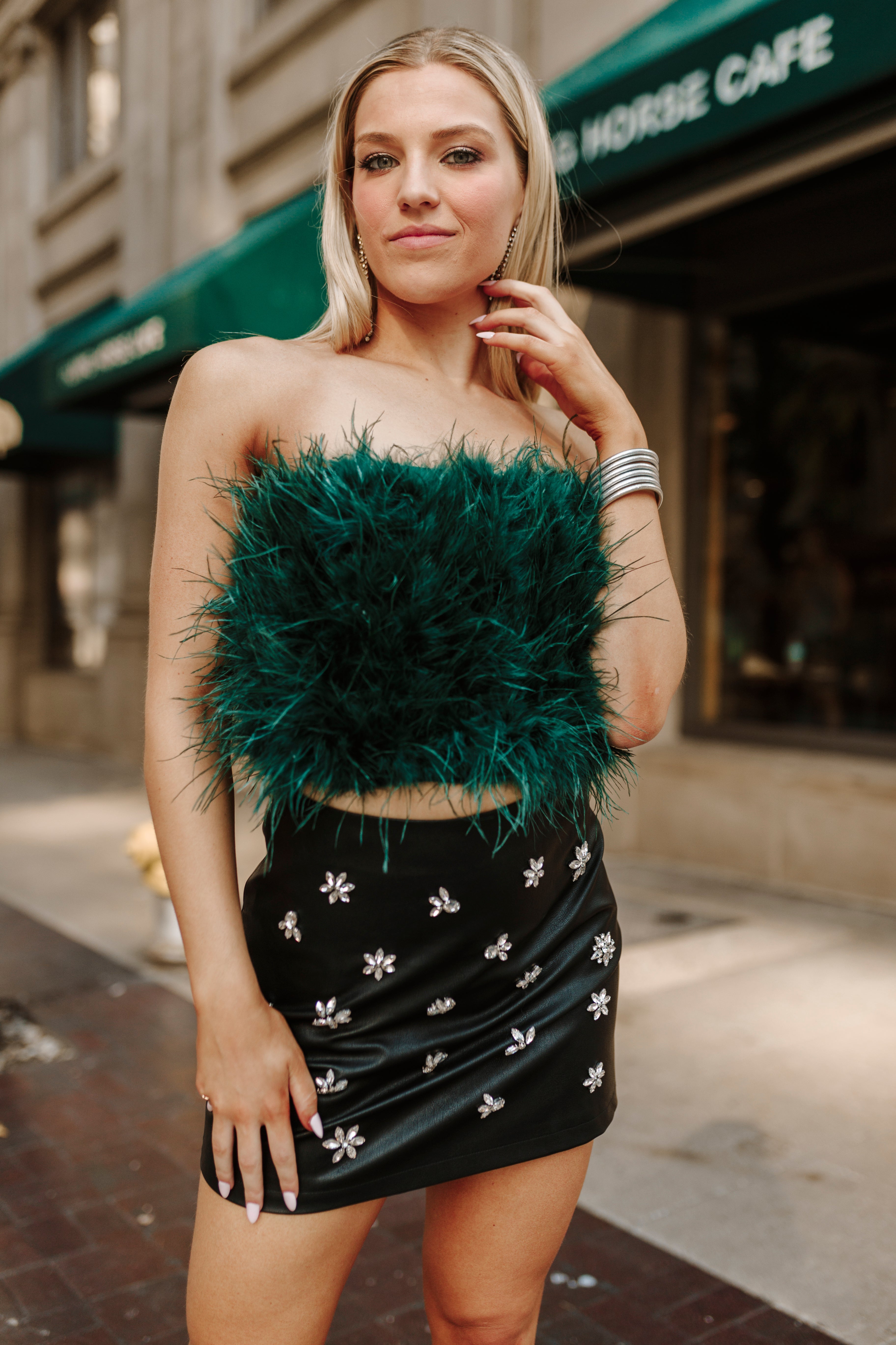 Fancy Strapless Feather Crop Top - Emerald