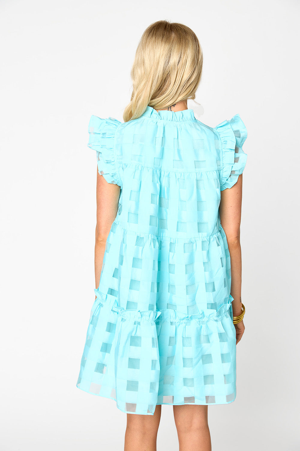 Aubrey Ruffle Shoulder Short Dress - Sky