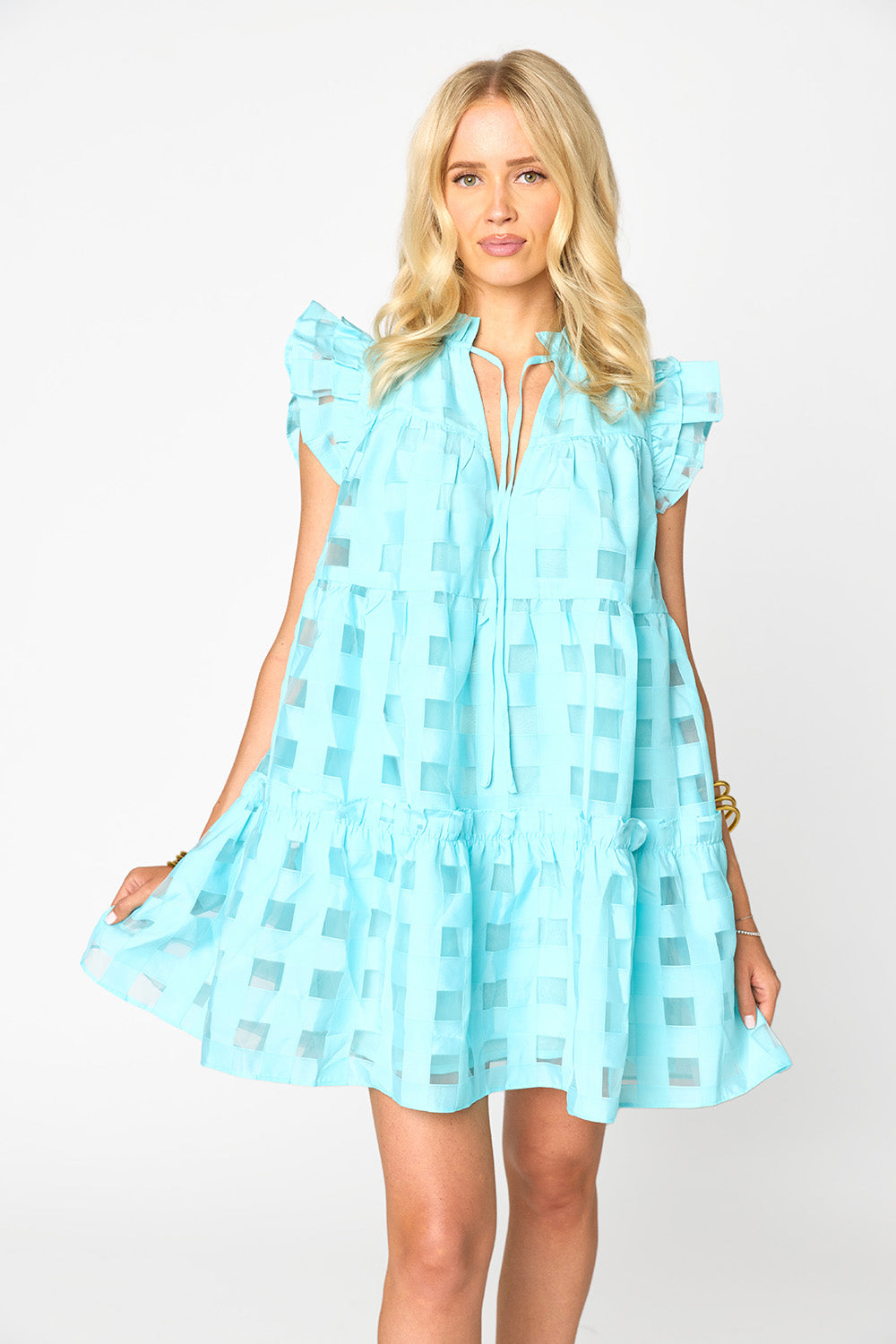 Aubrey Ruffle Shoulder Short Dress - Sky