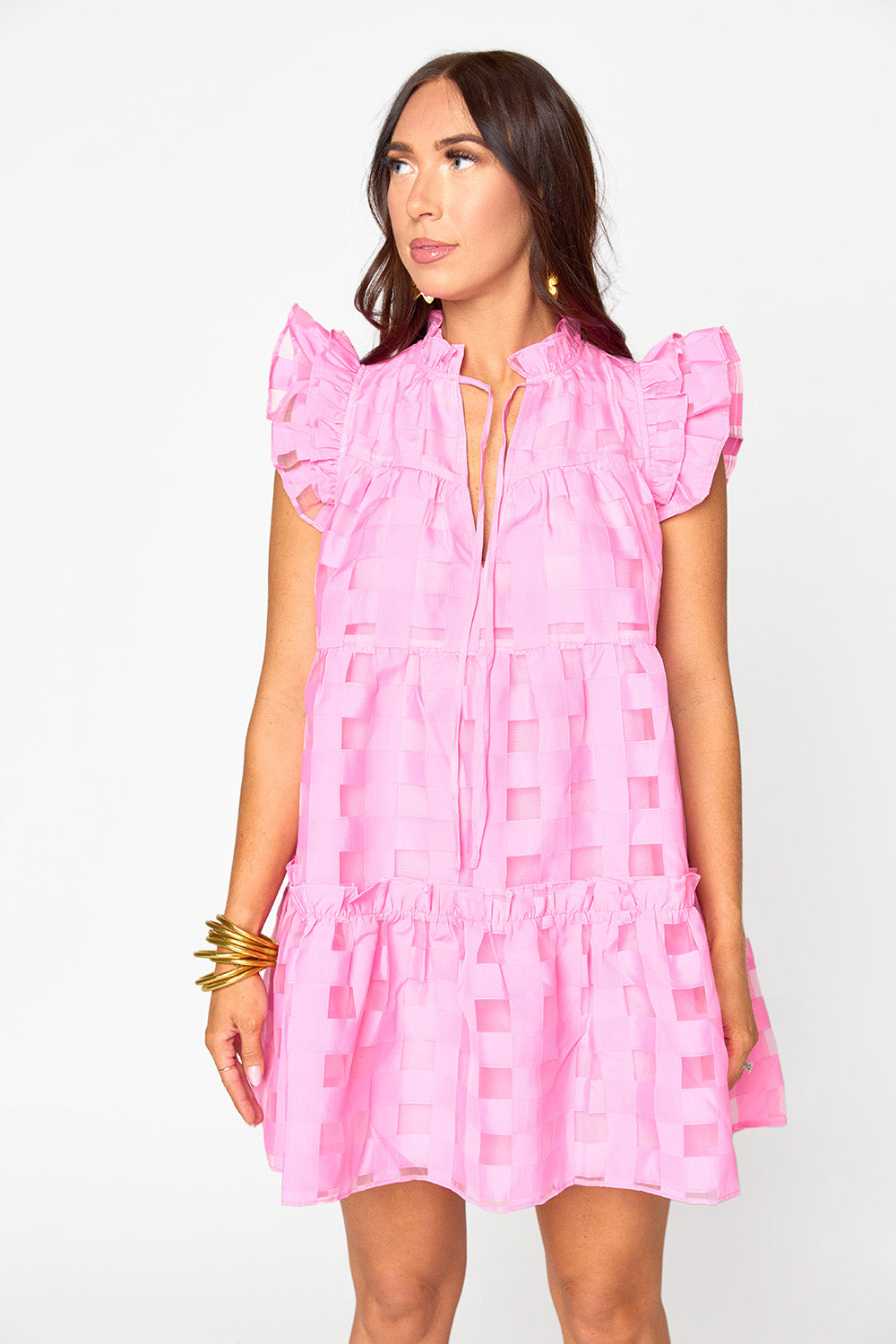 Aubrey Ruffle Shoulder Short Dress - Taffy