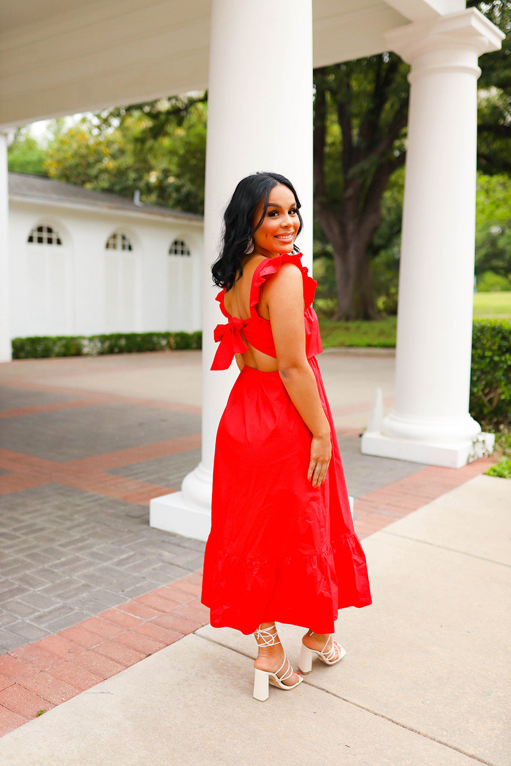 Beverly Ruffle Sleeve Midi Dress - Red