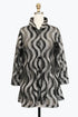 Black and gray patterned coat on a mannequin against a white background