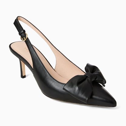 Black high-heeled shoe with a bow on a white background