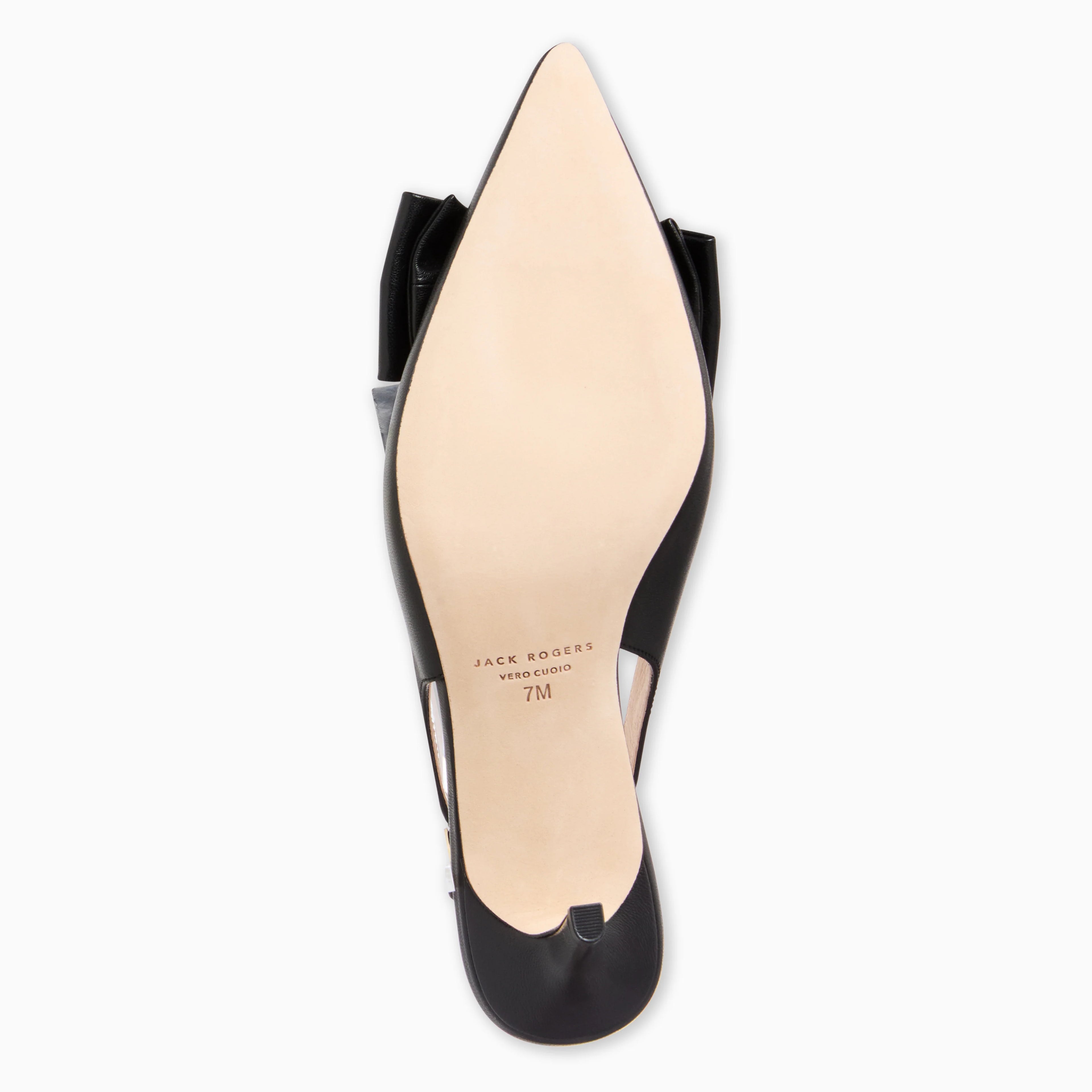 Black pointed-toe shoe with a white insole on a white background