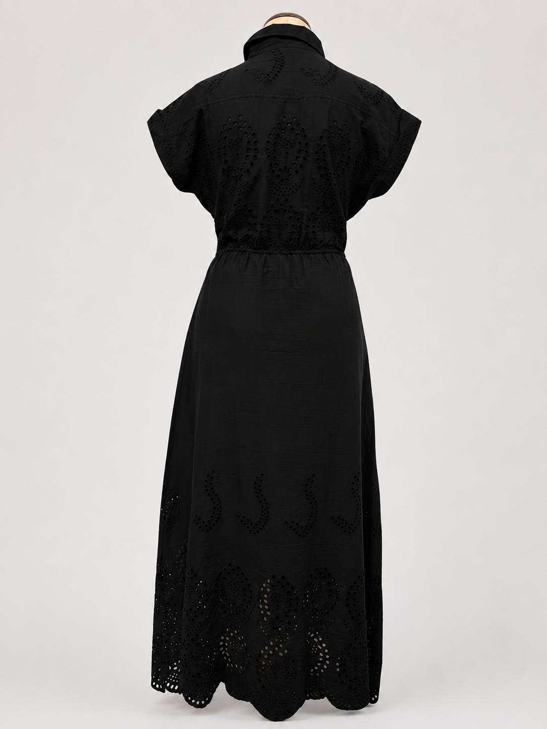Black Savannah Poplin Eyelet Maxi Dress black short-sleeve maxi dress with a tie waist and eyelet lace details