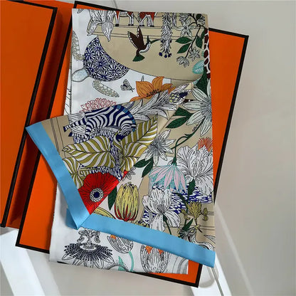 Colorful fabric swatches with various patterns on an orange and white background